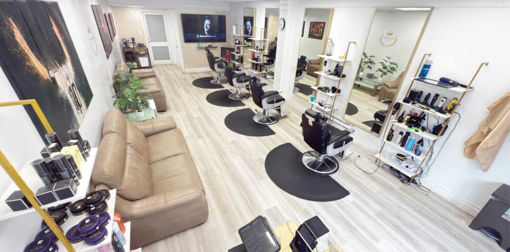 Barber chairs, scissors, hair dryers, barber-related merchandise, customer chairs, and air conditioning. Chateau barber shop from inside